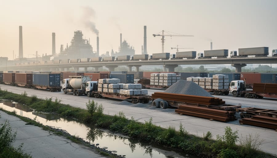 Wide view of a shipping container yard with trucks and hazy atmosphere under cloudy sunlight