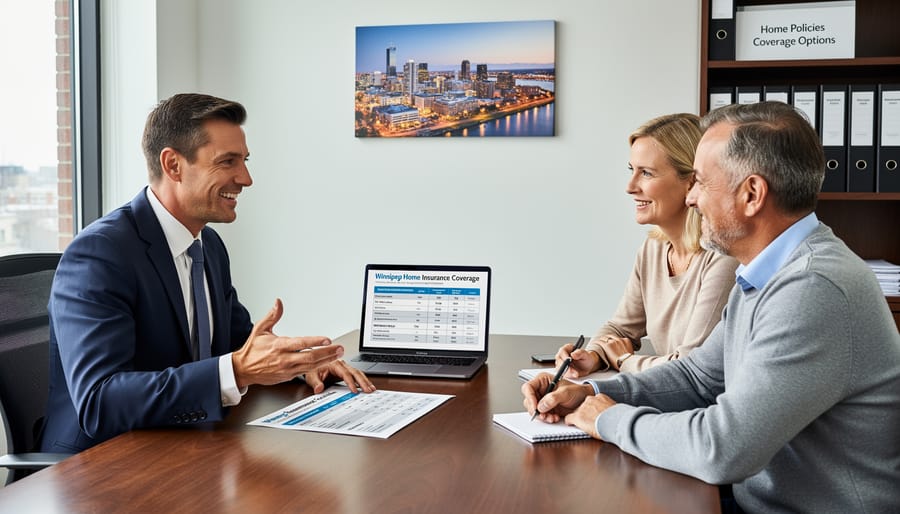 Broker and homeowner reviewing insurance paperwork at a kitchen table