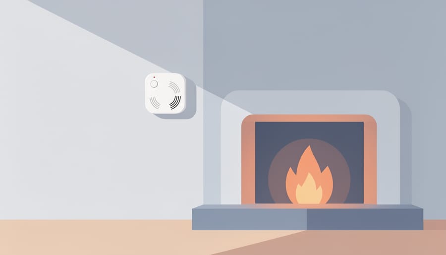 Carbon monoxide alarm held near a fireplace mantel for safety considerations.