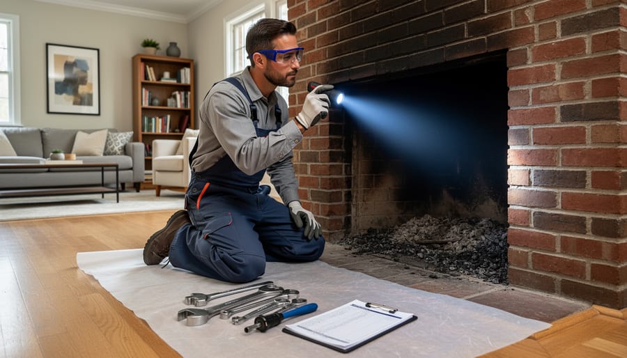 Chimney sweep’s gloved hands holding a cleaning brush near a fireplace chimney area.