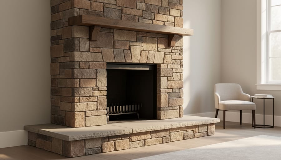 “Detailed view of a stone fireplace in a living room, highlighting the hearth and chimney opening for homebuyers to inspect before purchasing.”