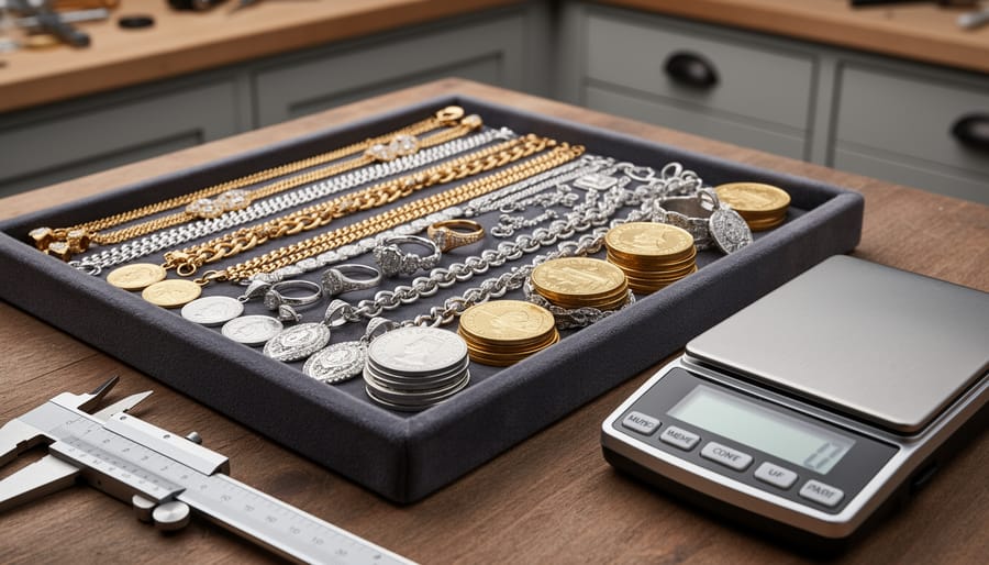 Gold, silver, and platinum jewelry and coins arranged on a dark velvet tray next to a digital scale for appraisal before selling.