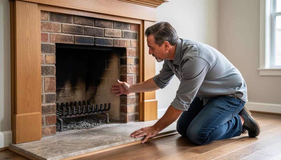 Homebuyer using a flashlight to inspect a wood-burning fireplace inside the firebox.