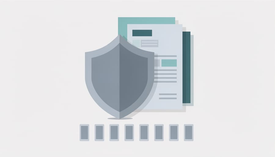 Metal shield emblem beside an insurance policy folder representing liability protection.