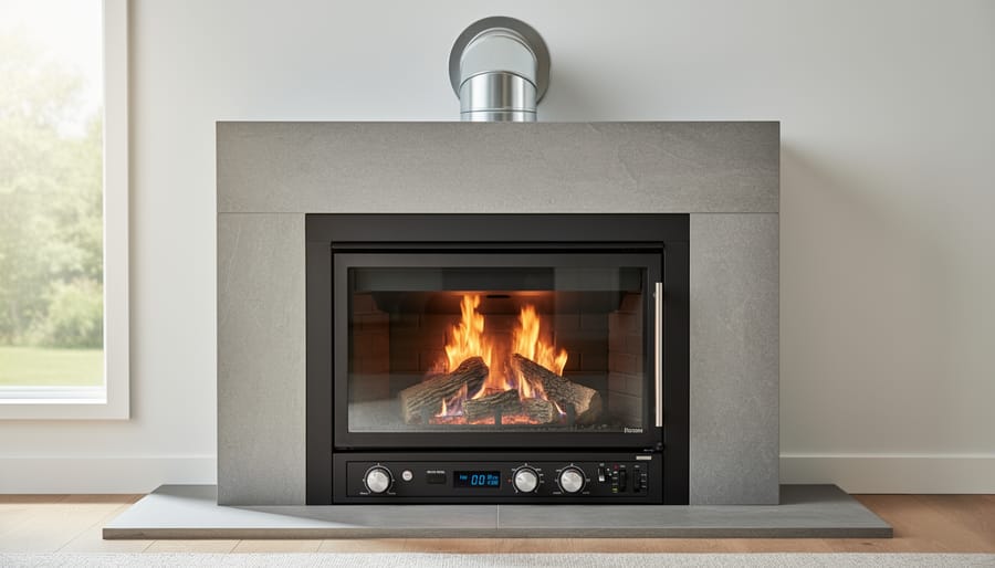 Modern gas fireplace with glowing embers and visible burner area in a living room.