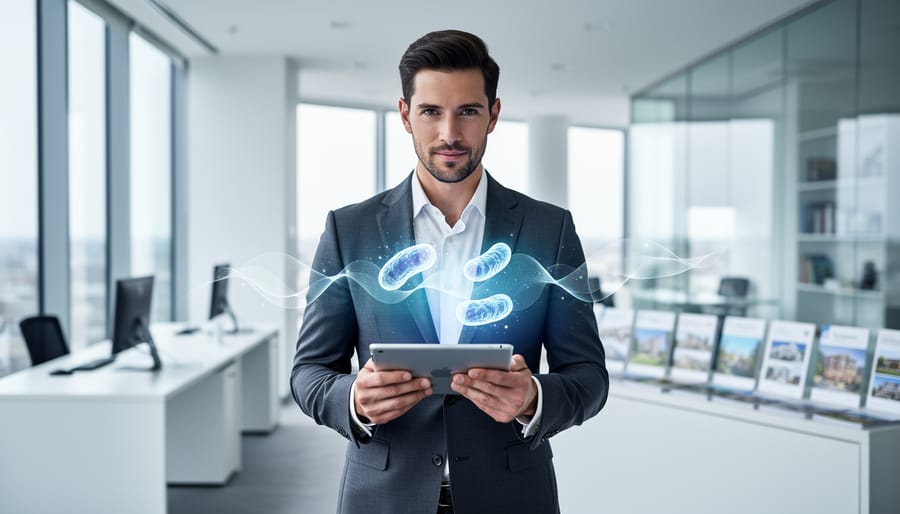 Real estate professional in a modern office with subtle glowing mitochondrial energy motifs representing metabolic signaling.
