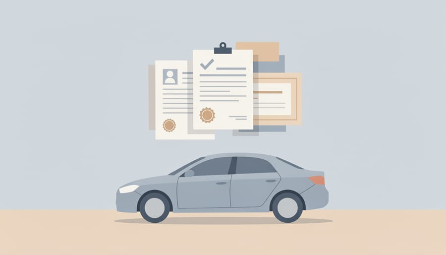 Car dashboard with a key fob and a binder representing real estate license paperwork while the agent is inactive.