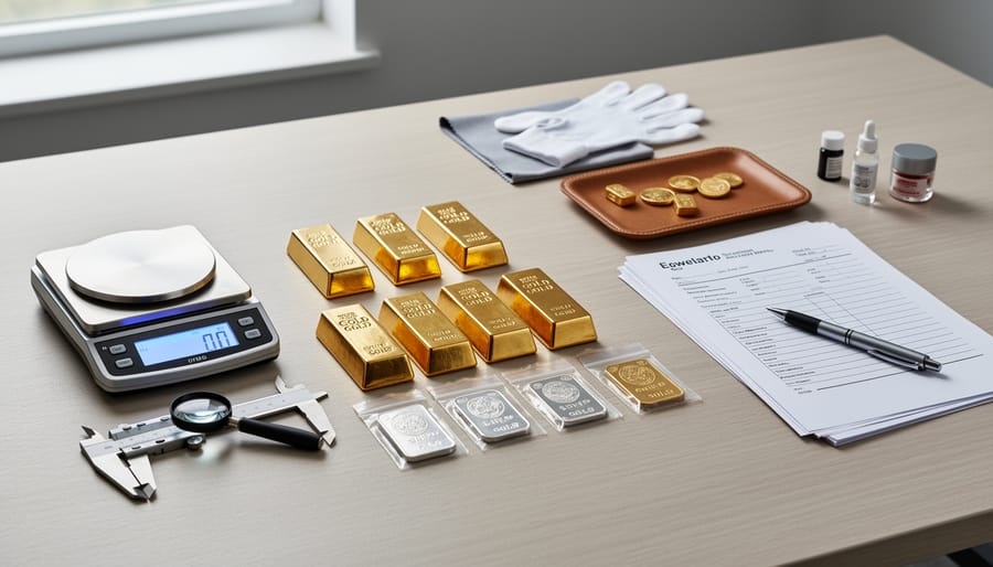 Assorted gold, silver, and platinum coins and jewelry on a dark tray next to a digital scale