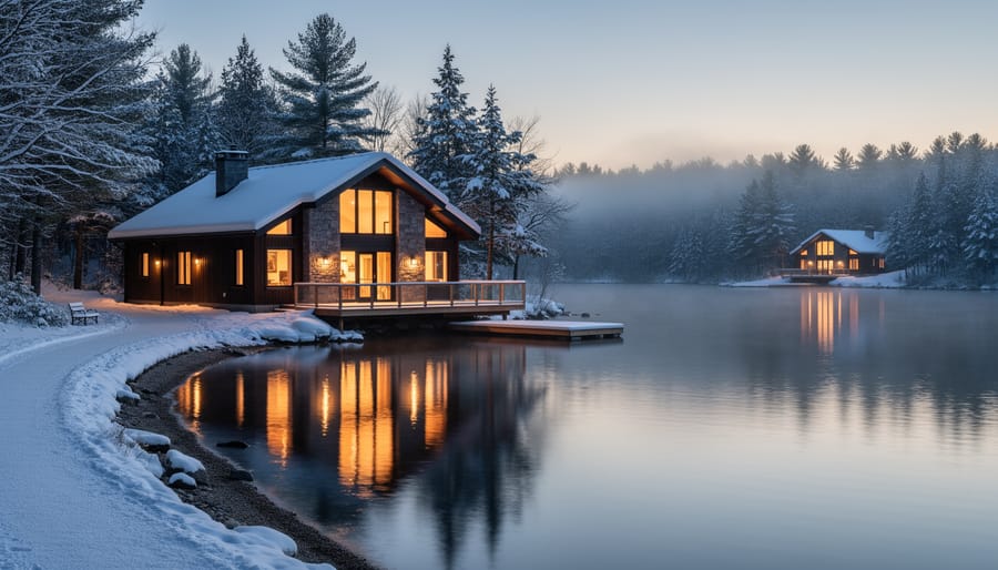 Lakeside Quebec cottage at dusk with warm window lights reflecting on calm water, representing a second home property setting.