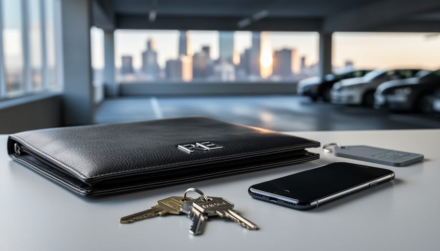 Keys and a real estate portfolio on a desk with an out-of-focus parking garage background, representing keeping credentials active during inactive periods.