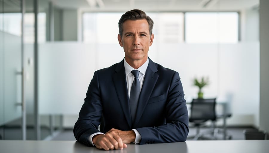 Real estate professional standing in a bright office lobby holding a phone and briefcase.