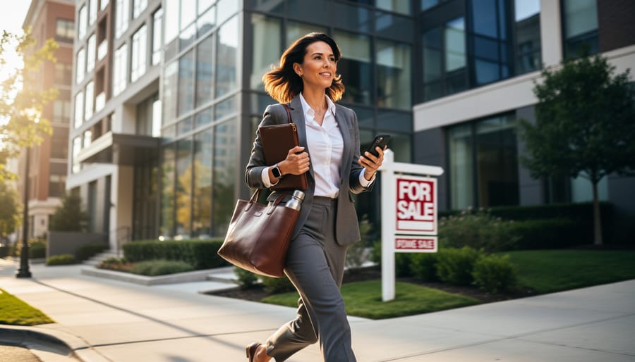 Real estate agent walking past a home entrance while checking a smartphone at dusk