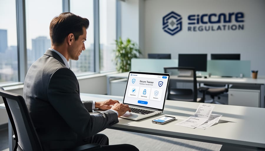 Dealer handing a sealed payment envelope to a homeowner across a counter in a professional office
