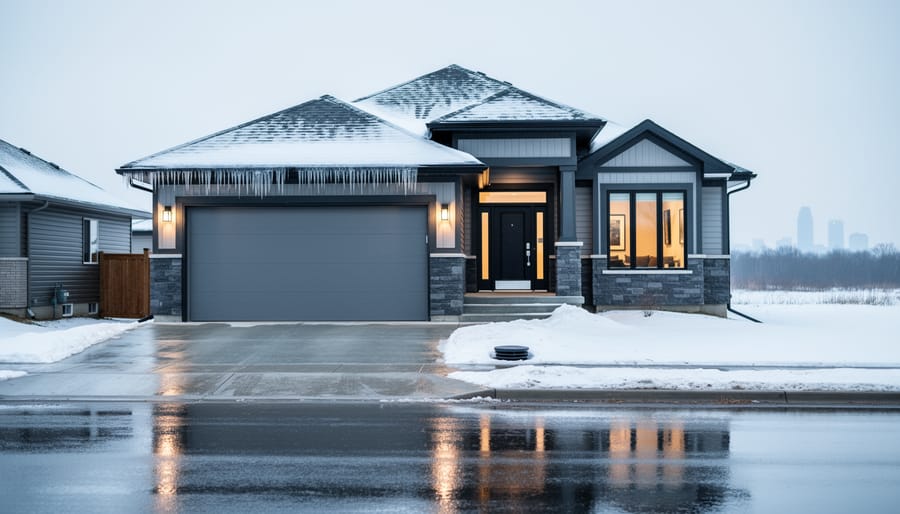 Detached Winnipeg home exterior in winter with icy roof eaves and wet street reflections near the foundation, suggesting weather and sewer backup risks.