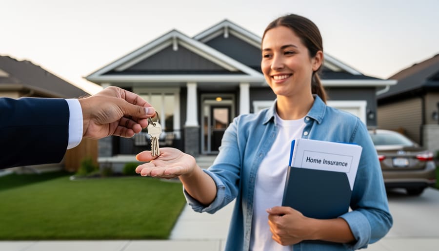 Homeowner holding keys in front of a modern detached house in Winnipeg