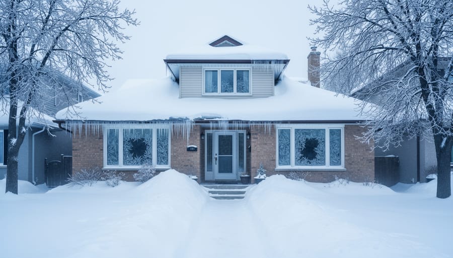 Winter exterior view of a house with icicles and snow along the foundation