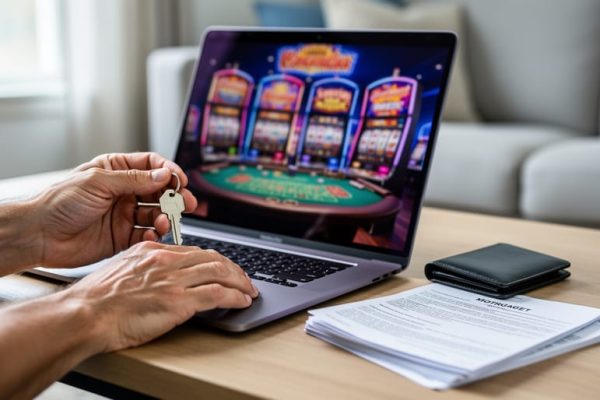 Hands holding a house key next to mortgage documents and a laptop, representing responsible online casino play that protects real estate wealth.