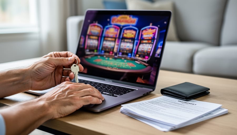 Hands holding a house key next to mortgage documents and a laptop, representing responsible online casino play that protects real estate wealth.