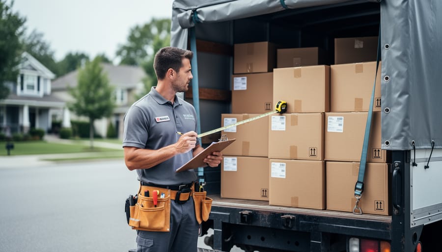 Moving professional standing by an open truck with secured moving boxes, clipboard in hand, representing choosing an interstate moving company for a long-distance move.