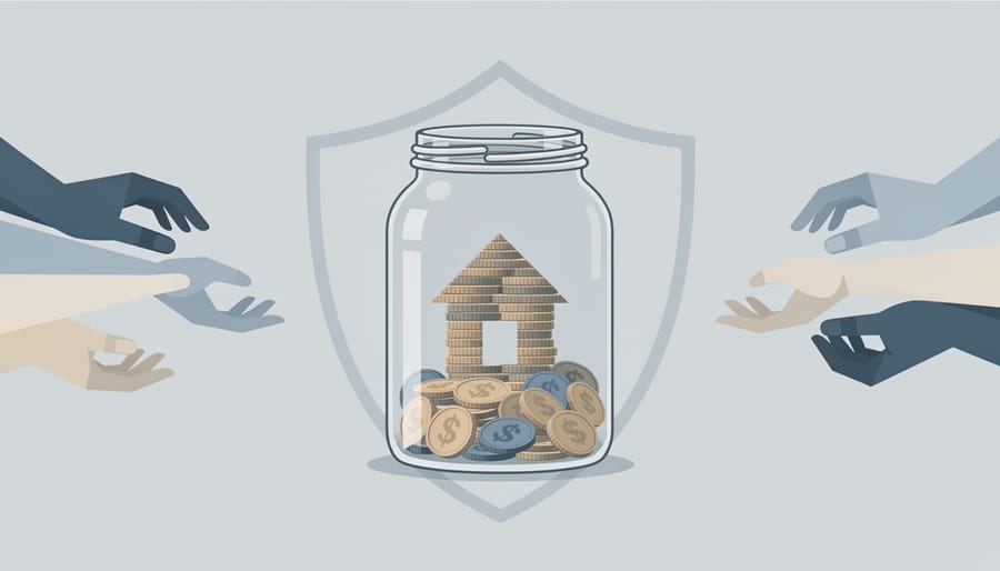 Coin jar savings being covered by a dark hand, symbolizing protection of down payment money.
