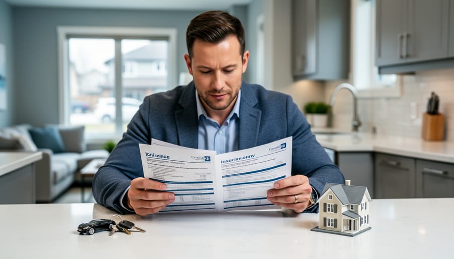 Homebuyer comparing home and auto insurance documents on a kitchen table with a car key and a small model house nearby.