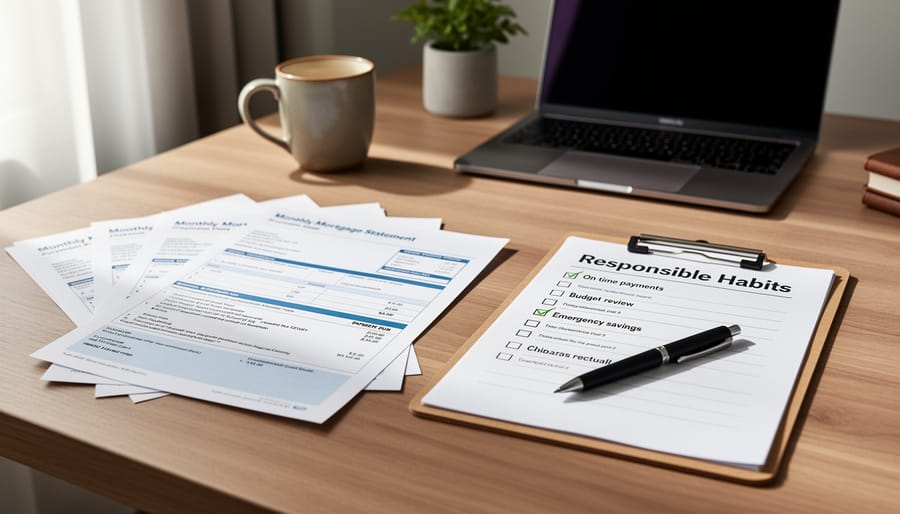 Mortgage payment envelope and credit card on a desk next to a responsibility checklist.