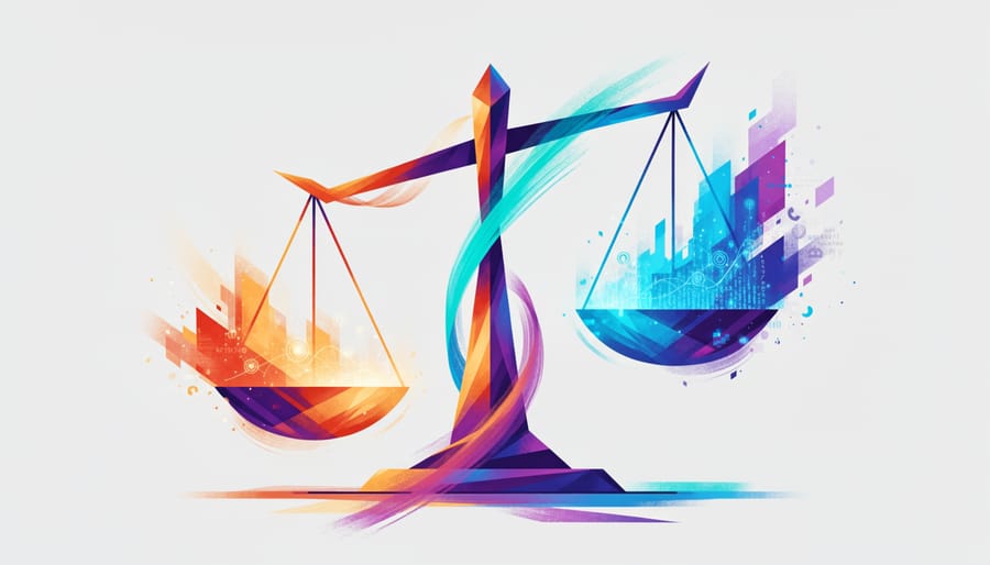 A stone balance scale weighted with a glowing digital glass cube, representing fairness and uncertainty in underwriting.