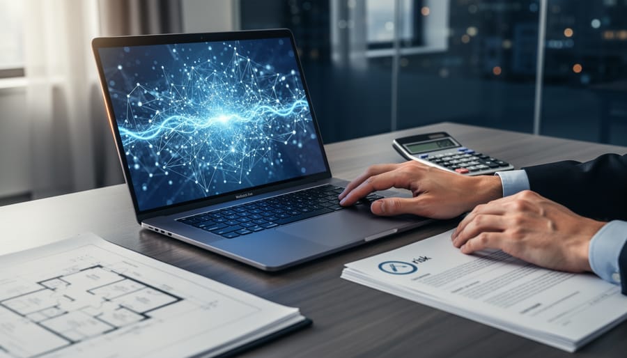 “Finance professional working at a desk with a laptop showing an abstract neural network glow and risk-focused underwriting documents, representing generative AI risk management.”