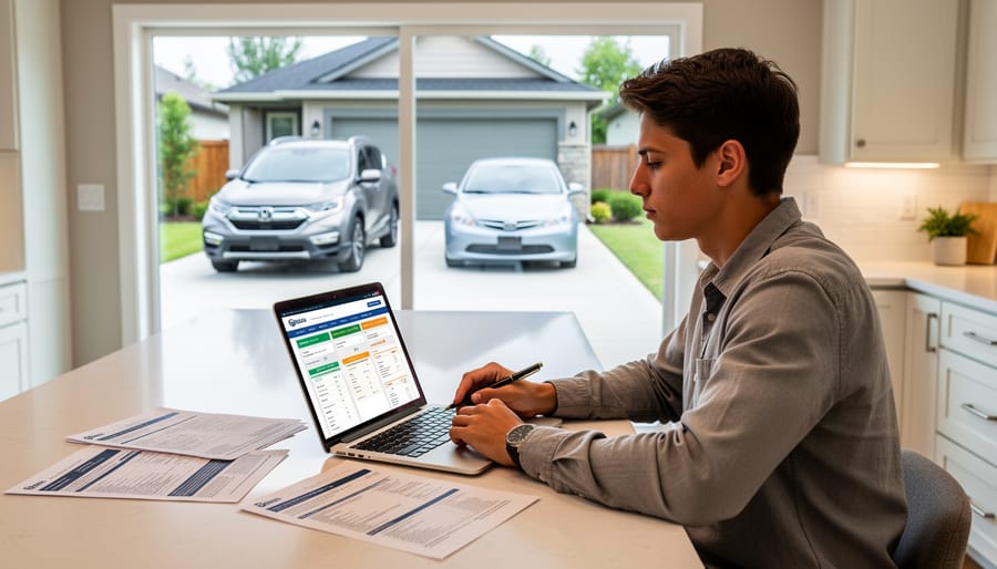 Homebuyer standing outside a Canadian home holding car keys and a clipboard while a parked vehicle and moving boxes are visible nearby.