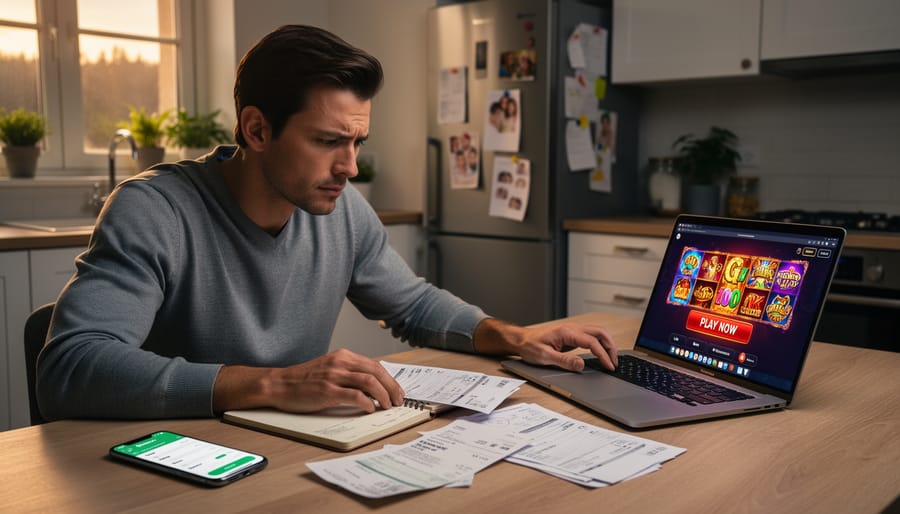 Canadian homeowner holding a mortgage statement folder while keeping a smartphone out of focus on the table.