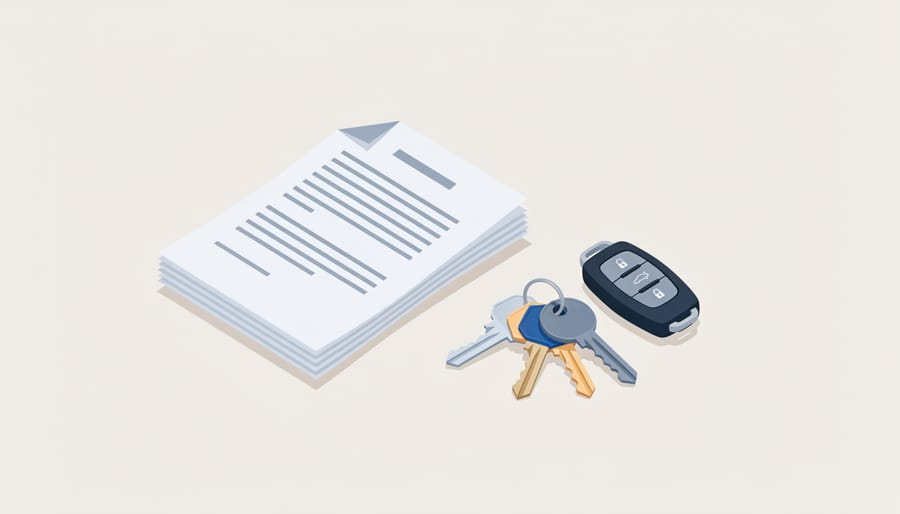 Insurance-related documents and a set of keys laid out on a kitchen table for preparing quote requests.
