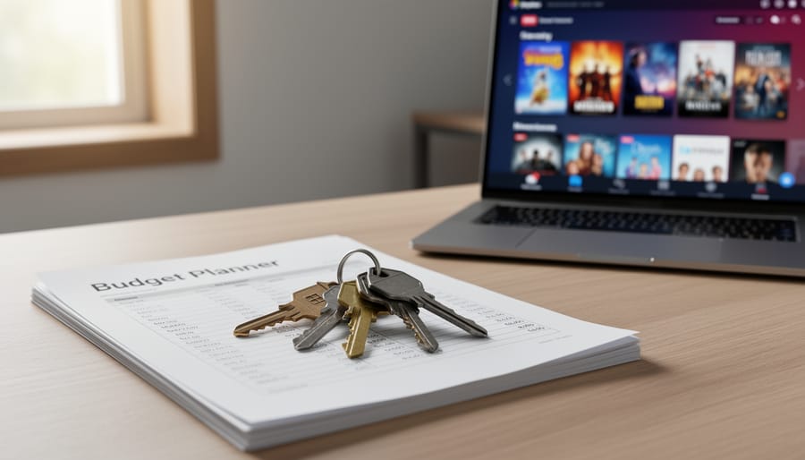 House keys and a budgeting planner placed next to a dim smartphone on a wooden desk.