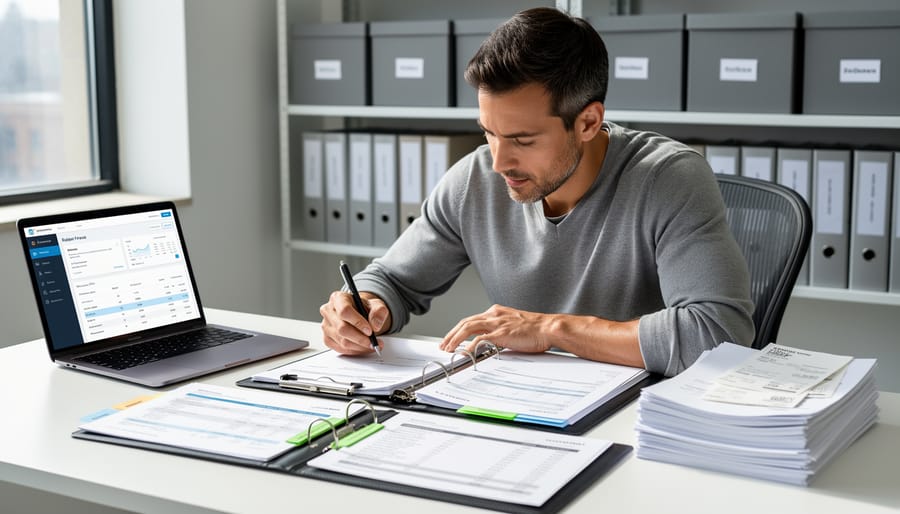 Business owner reviewing organized financial documents on a desk with folders and profit and loss sheets.