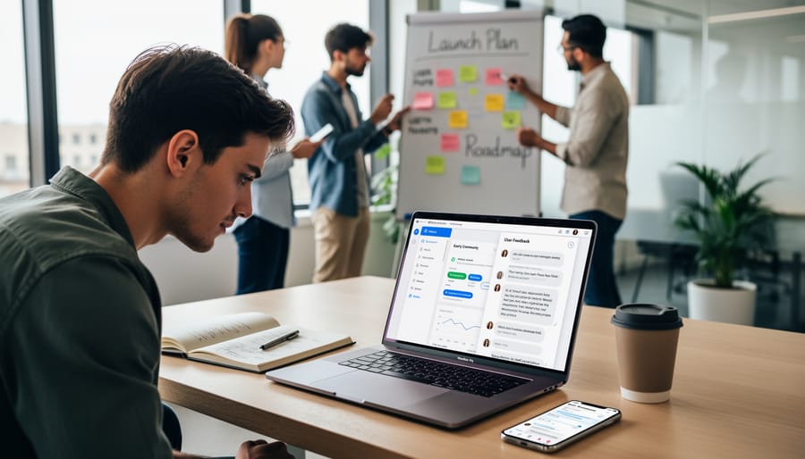 Fintech team member holding a smartphone in a coworking space while teammates work in the background
