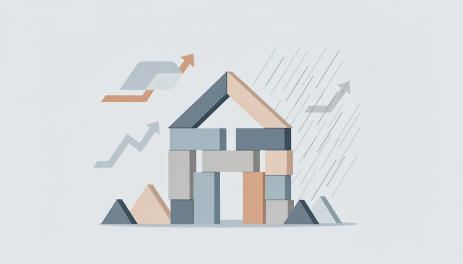 House-shaped wooden blocks standing with warm light and stormy shadows suggesting protection needs