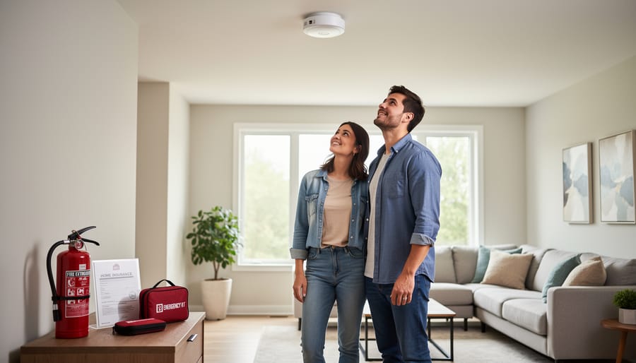 Living room scene showing smoke detector and fire extinguisher as home safety details