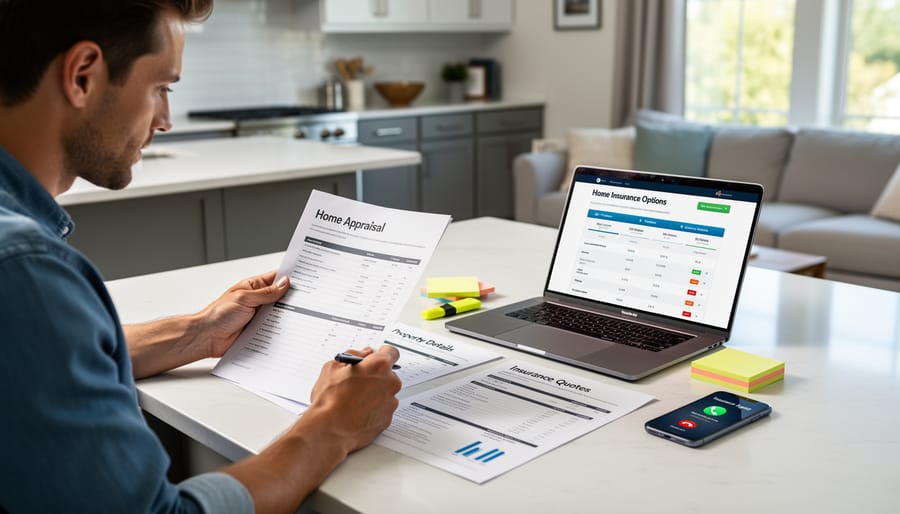 New homeowner reviewing house paperwork at a kitchen table with documents and a pen