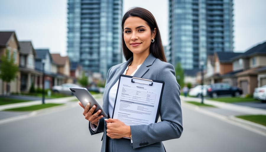 Real estate agent reviewing unlabeled property documents beside a tablet in a modern Mississauga city backdrop with condo towers and suburban scenery blurred behind.
