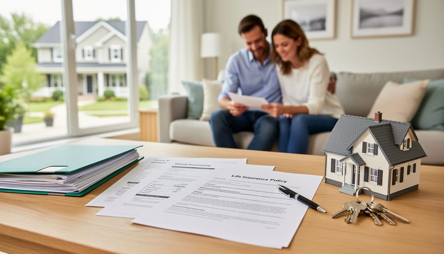 Insurance papers and a mortgage envelope on a wooden table in front of houses
