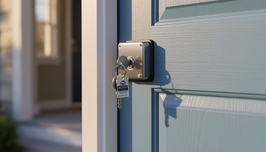 Close key and lockbox on an entryway table with an open door in the background