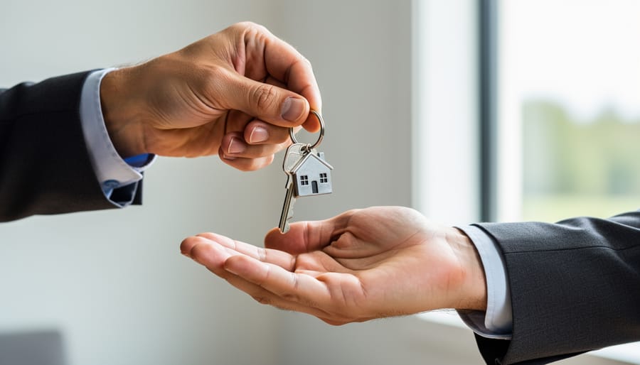 Person exchanging house keys over a folder in a professional setting