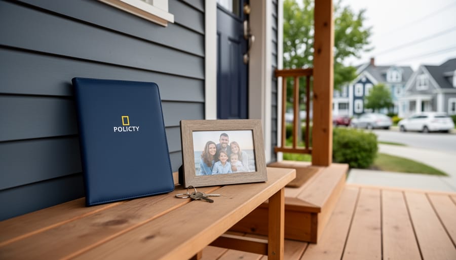 Unbranded life insurance policy folder and house key placed next to a family photo frame on a home porch bench, representing home-based financial protection in Nova Scotia.