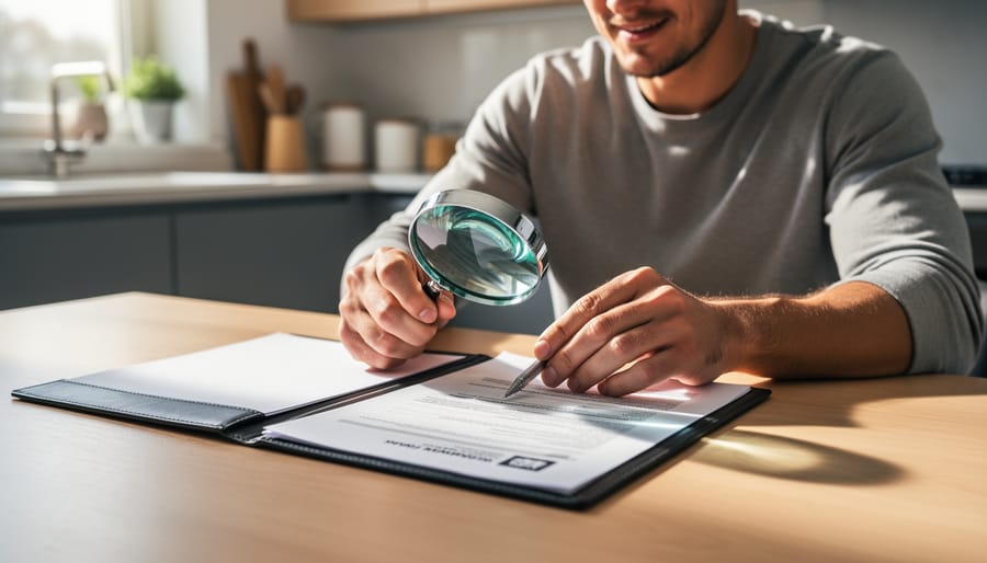 New homeowner reviewing homeowners insurance documents and using a magnifying glass at a kitchen table in a bright home.