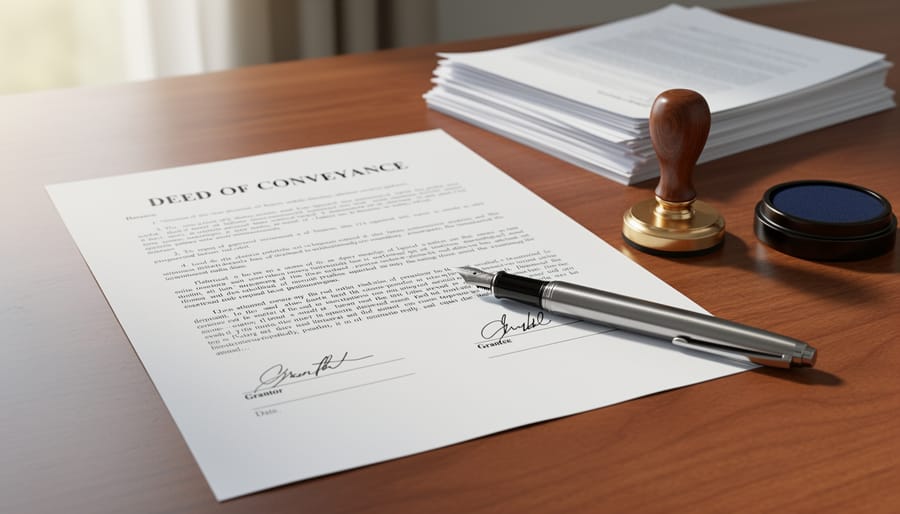 Close-up of a property deed document on a desk with a pen and seal stamp