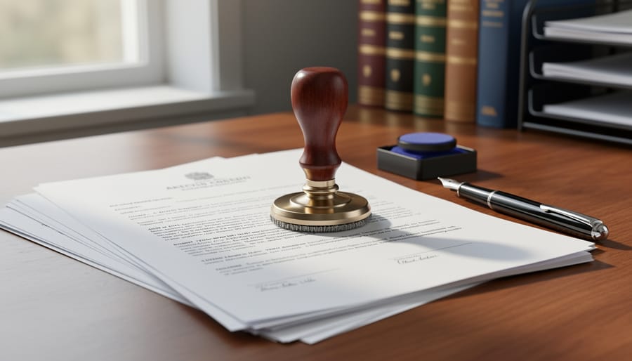 Magnifying glass and recorder stamp pad beside property record files on a desk