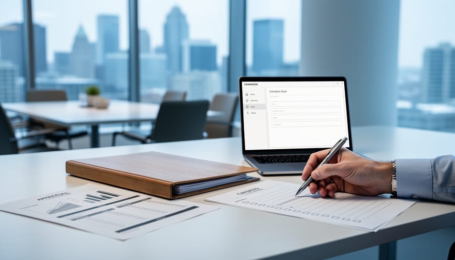 Appraisal folder and financial documents on a desk in a Canadian office, with an appraiser’s hand preparing a valuation review.