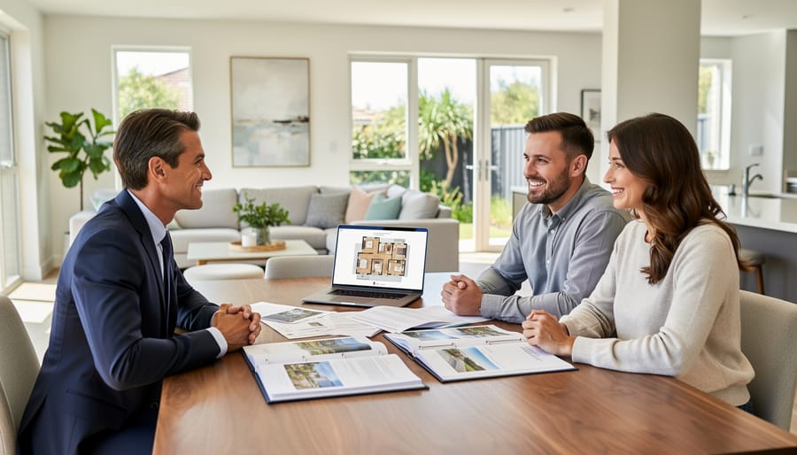 Realtor and clients reviewing property information at a kitchen table