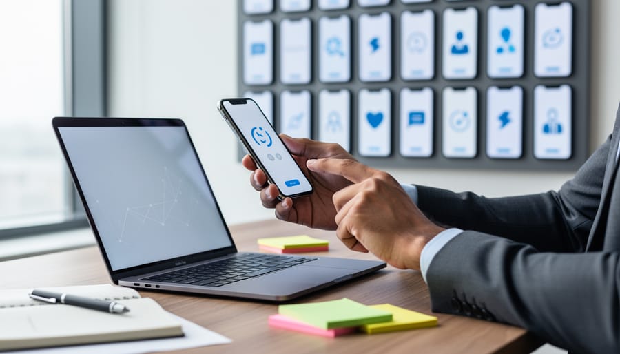 Hands holding a smartphone above an open laptop on a modern desk, with blurred devices in the background suggesting community feedback for a fintech product.