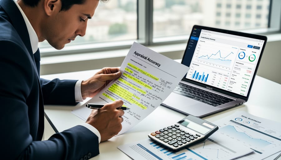 Hands reviewing a draft business appraisal report in a boardroom with a calculator on the table.