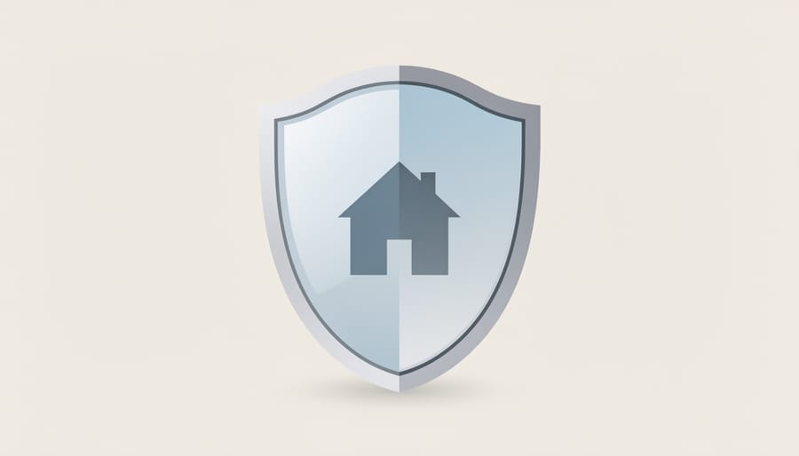 Protective shield reflecting a house silhouette over blurred legal documents